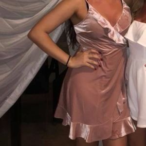 Aqua Women's Pink Ruffled Velvet Faux Wrap Dress